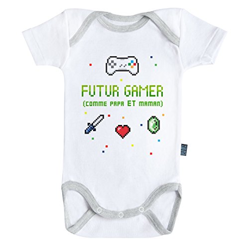 Baby Geek Futur Gamer como papá y mamá - Body para bebé de manga corta - Algodón blanco y gris blanco 6-12 Meses
