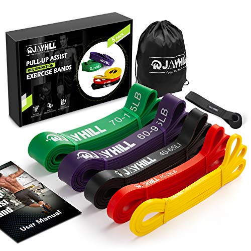 Bandas de Resistencia, 5pc Bandas Elásticas por fitness y dominadas, entrenamiento en casa, levantamiento de pesas, con anclaje en la puerta, bolsa de transporte con instrucciones, libro electrónico