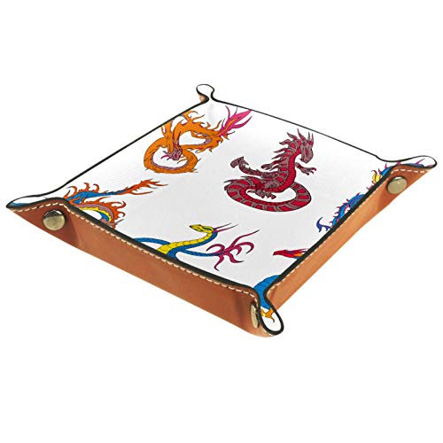 Bandeja de Cuero - Organizador - Ilustración de dragón de dibujos animados - Práctica Caja de Almacenamiento para Carteras,Relojes,llaves,Monedas,Teléfonos Celulares y Equipos de Oficina