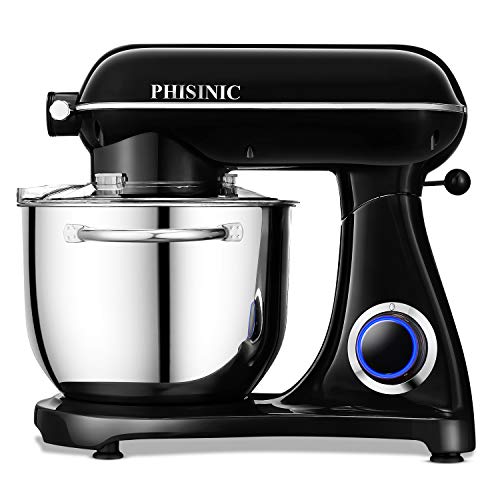 Batidora Amasadora, PHISINIC Amasadora de Pan Repostería, 1800 W 6.5 L Robot de Cocina Multifunción, Potente y Silencioso, Cuerpo Metálico, 6 Velocidades, Amasador, Batidor y Varillas, Color Negro