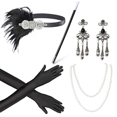 Beelittle 1920s Accesorios Set Diadema, collar, guantes, porta-cigarrillos Great Gatsby Disfraces Set para mujeres Beelittle 1920s Accesorios Set Diadema, collar, guantes, porta-cigarrillos Great Gatsby Disfraces Set para mujeres