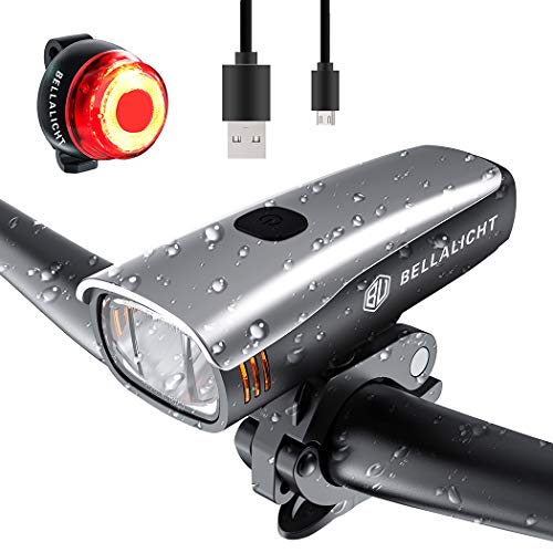 BELLALICHT Juego de luces LED para bicicleta (60 lux, 2 modos, carga USB, 2600 mAh, iones de litio, parte delantera y trasera, resistencia al agua IPX5)