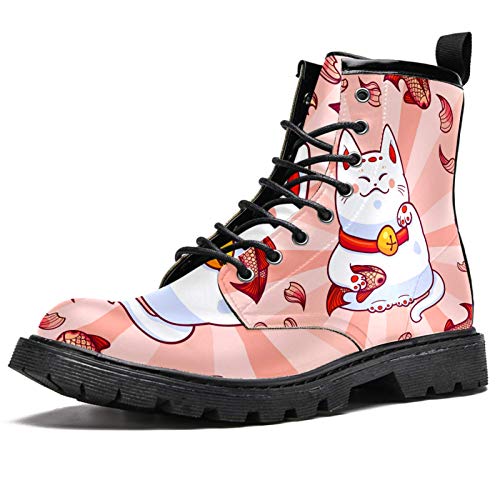 BENNIGIRY Japón Dibujos Animados Gato de la Suerte Captura Peces Carpa Rosa Botas de caña Alta para Mujer Zapatos clásicos de Invierno Zapatos de Cuero Casuales