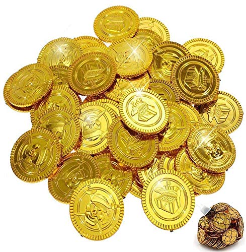 BESTZY 100 Piezas Monedas Pirata Monedas de Oro plástico Juguete Monedas de Oro Falsas,Monedas de plástico Falsas de Oro Oscuro,plástico,Dark Gold,Coins