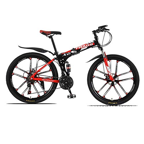 Bicicleta de montaña plegable, bicicleta de velocidad variable de doble disco, 26 pulgadas, marco de suspensión completo, 21 velocidades, para adultos mujeres adolescentes unisex (rojo negro) peng