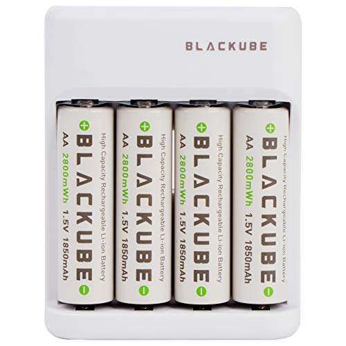 Blackube Cargador de Pilas AA Battery Litio 2775 mWh-1.5V,1850mAh,1000 Cycles -Type C Charge-Tiempo de Carga 2 Horas-Sin Efecto Memoria-4*AA with Charger