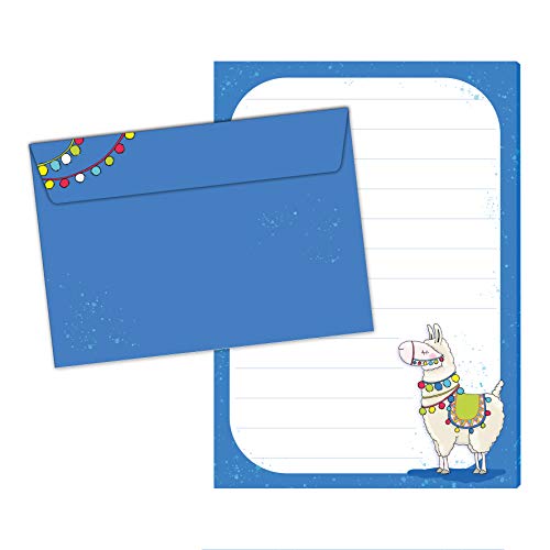 Bloc de cartas "Alma das Lama" DIN A5 (50 hojas a rayas), incluye 20 sobres a juego para niños con líneas y bonito diseño.