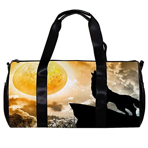 Bolsa de deporte redonda con correa de hombro desmontable con estampado de lobo para entrenamiento durante la noche para mujeres y hombres