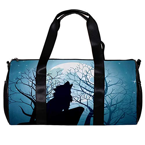 Bolsa de deporte redonda con correa de hombro desmontable con estampado de lobo para entrenamiento durante la noche para mujeres y hombres Bolsa de deporte redonda con correa de hombro desmontable con estampado de lobo para entrenamiento durante la noche para mujeres y hombres
