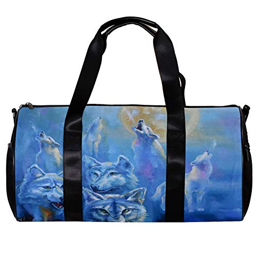 Bolsa de deporte redonda con correa de hombro desmontable patrón de lobo para entrenamiento durante la noche para mujeres y hombres Bolsa de deporte redonda con correa de hombro desmontable patrón de lobo para entrenamiento durante la noche para mujeres y hombres