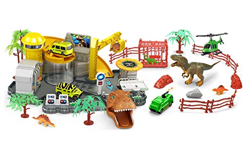 Brigamo Dino World - Estación de investigación para coches con figuras de dinosaurios T Rex y coches de juguete