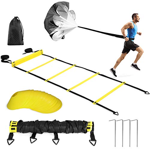 Buluri Escaleras de coordinación para fútbol-2 escaleras de agilidad-12 conos de disco-4 ganchos de metal-1 paracaídas de resistencia-1 bolsa de transporte-Equipo de entrenamiento para entrenamiento Buluri Escaleras de coordinación para fútbol-2 escaleras de agilidad-12 conos de disco-4 ganchos de metal-1 paracaídas de resistencia-1 bolsa de transporte-Equipo de entrenamiento para entrenamiento
