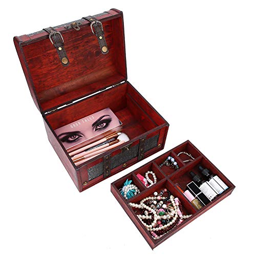 Caja de almacenamiento, cofres del tesoro de madera, joyero vintage retro de 2 capas con cerradura codificada, para joyería cosmética de recuerdo