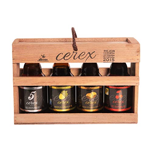 CEREX - Pack Degustación de 4 Cervezas Artesanas Españolas con caja regalo de presentación en madera – Cervezas de Cereza, Castaña, Ibérica de Bellota y Pilsen