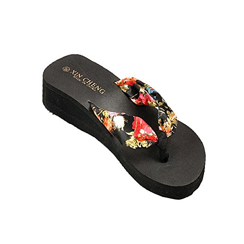 Chanclas Sandalias Zapatillas, FAMILIZO Bohemia Floral Zapatos Verano Mujer Sandalias Flip-Flops Zapatos Sandy Beach Baño Cooler Zapatillas Alta Plataforma Impermeable (38, Negro)