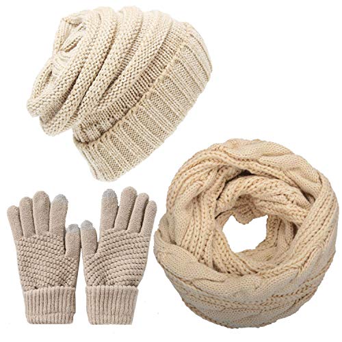 CheChury Gorro Bufanda de punto Guantes Invierno Set de Bufanda y Gorro Cuello Suave y Cálida Caliente Guantes de Pantalla Táctil para Mujer Hombre