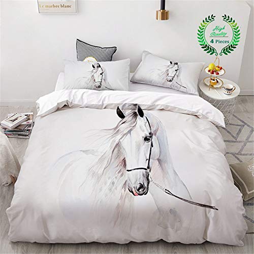 Chickwin Juego de Ropa de Cama de 4 Piezas, 3D Cebra Caballo Blanco Microfibra Cómodo Juego de Fundas de Edredón con Funda Nórdica y Funda de Almohada y Sábana Encimera (C,Cama 150/160-220x240cm)