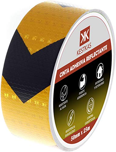 Cinta Adhesiva Reflectante 50mm x 25m KESTKAS - Resistente - Alta Visibilidad - Seguridad - Señalización - Fijación Instantánea - Banda de Reflexión Nocturna - Negra y Amarilla