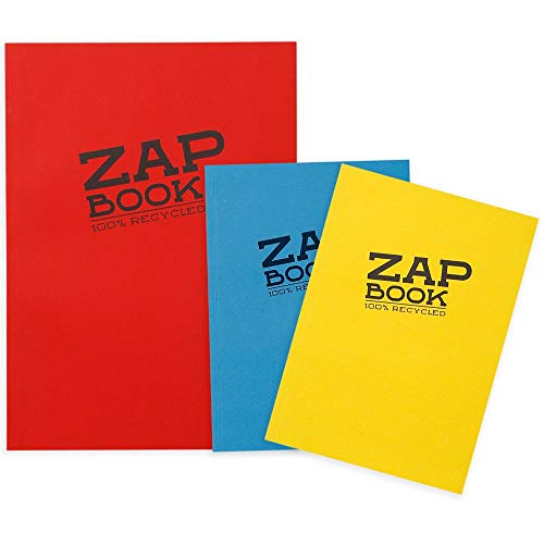 Clairefontaine 3355AMZC - Lote de 3 cuadernos encolados Zap book 160 páginas 100 % recicladas lisas blancas (1 bloque de 21 x 29,7 cm + 2 bloques de 14,8 x 21 cm) 80 g, tapa color aleatorio