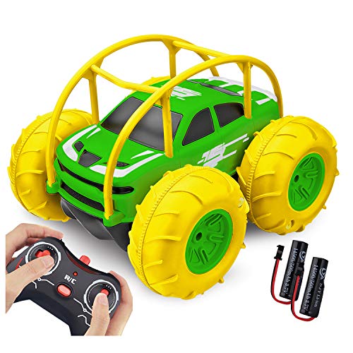 Coche Teledirigido, 2.4 GHz 4WD RC Coche Anfibio Acrobacia Rotación Volteo de 360 Grados, Juguete Impermeable, con Batería Recargable, Regalo para niños (Amarillo Oscuro)