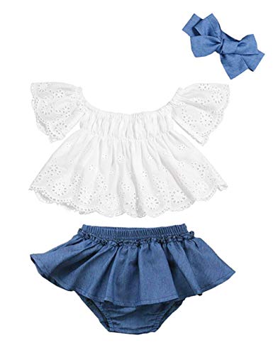 Conjunto de ropa para bebé y niña, de encaje, con hombros descubiertos, de manga corta, pantalones cortos a rayas y diadema con lazo - Azul - 3-6 meses
