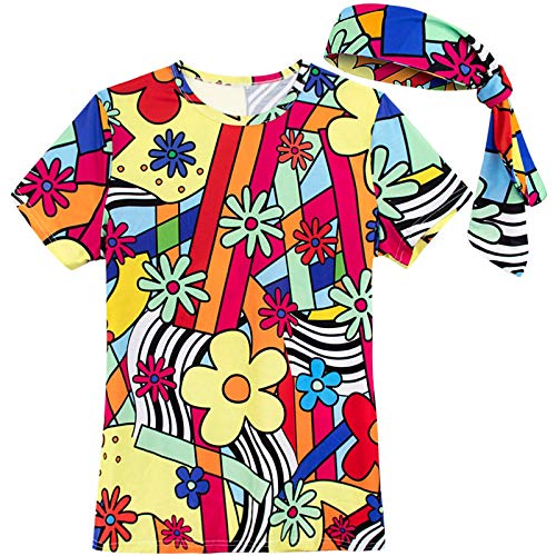 COSAVOROCK Disfraz años 70 Mujer Hippie Camiseta con Diadema (L, Flores) COSAVOROCK Disfraz años 70 Mujer Hippie Camiseta con Diadema (L, Flores)