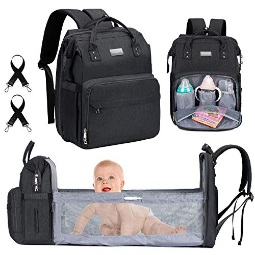 COSYLAND Mochila para Pañales Biberones Plegable con Cuna Portátil Bolso Maternal Cambiador Mamá Multifuncional Impermeable Bolsa Gran Capacidad para Bebé con Correas de Cochecito de Viaje Gris Oscuro