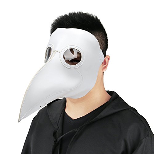 Cusfull Máscara de Cuervo con Pico de Imitación Piel Disfraz de Plaga Doctor Antifaz de Terror para Halloween Steampunk Talla Única para Adulto - Blanco