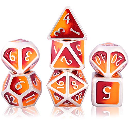 Dados de rol DND Dice Set Metal D&D, 7 Piezas Dungeons and Dragons Poliedricos Juego de Dados rol para RPG Dados Gaming D&D Enseñanza de Matemáticas (Dragon - Silver Red & Orange Mixed)