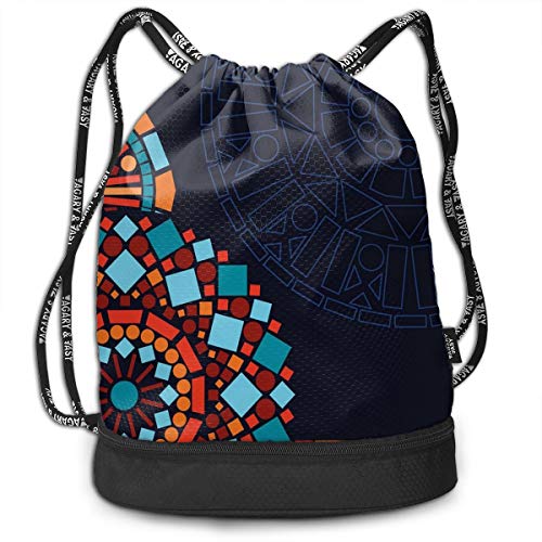 DDHHFJ Multifunctional Drawstring Backpack for Men & Women, Colorful Geometric Circular Mandala Motifs Framework Moroccan Mosaic Style Ethnic,Travel Bag Sports Tote Sack with Wet & Dry Compartments
