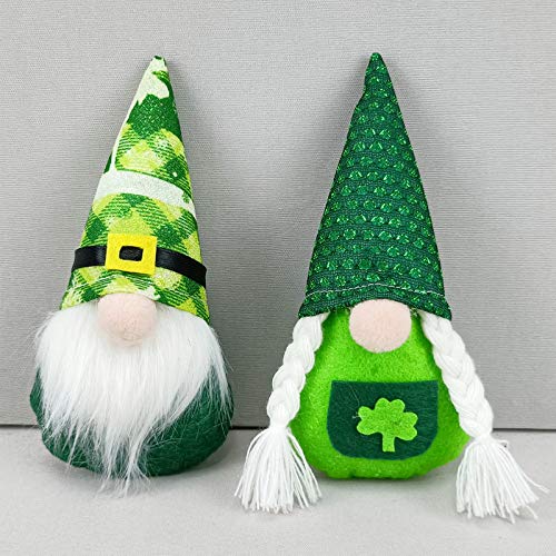 Decoración de Gnome de San Patricio Set de 2, Decoración de Gnomos Duende Elfo Tomte Irlandeses Hechos a Mano, Muñecos de Peluche Gnomos con Trébol Verde
