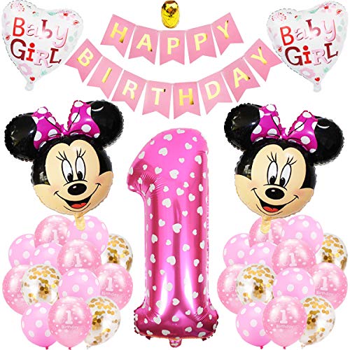 Decoraciones de Cumpleaños de Mickey Mouse, BESTZY 1er Cumpleaños Bebe Rosado Globos Decoraciones de Fiesta Temática Rosado de Mickey Globos de Confeti de Latex Niña Ballon Party
