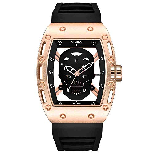 DECTN Reloj de Pulsera Elegante Reloj de Goma con diseño Hueco de Calavera Cinturón Negro Carcasa de Oro Rosa Cara Negra