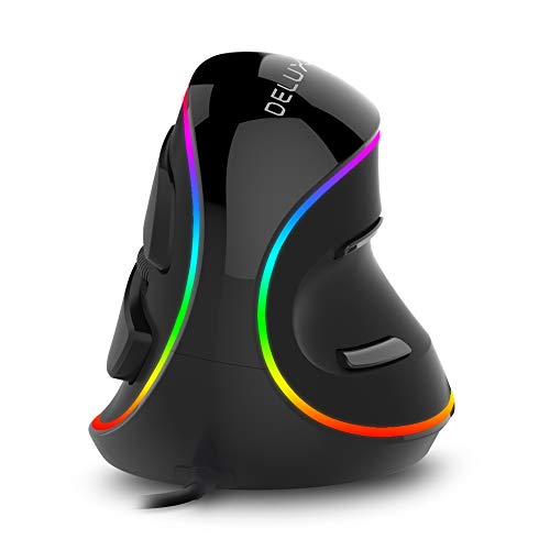 DELUX Ratón vertical ergonómico con cable con iluminación RGB, 5 DPI ajustables (800-1200-1600-2400-4000 DPI), 6 botones, reposamuñecas extraíble, ratón óptico para ordenador portátil (cableado)