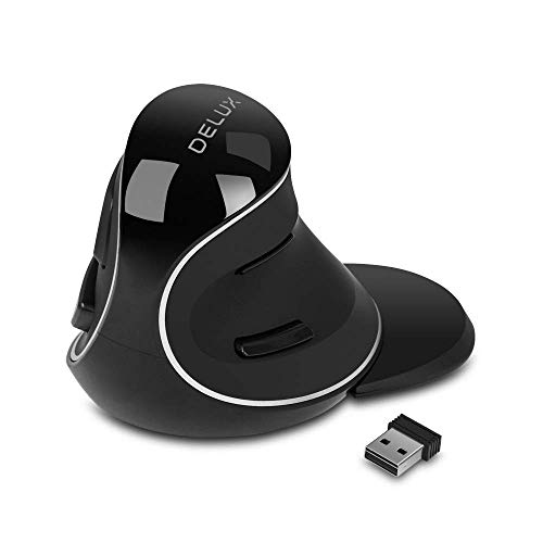 DELUX Ratón vertical inalámbrico ratón ergonómico con receptor nano USB 3 niveles de DPI (800/1200/1600), 6 botones ratón óptico inalámbrico de 2,4 G para ordenador portátil reposamuñecas extraíble