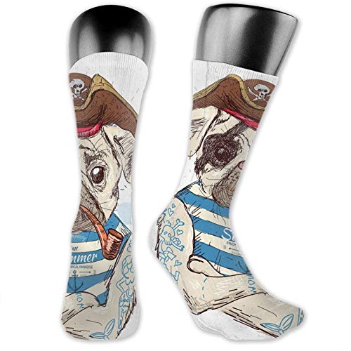 DHNKW Socks Compression Medium Calf Crew Sock,Pirate Pug Conqueror Of The Seas Pipe Skulls And Bones Hat Striped Sleeveless T-Shirt