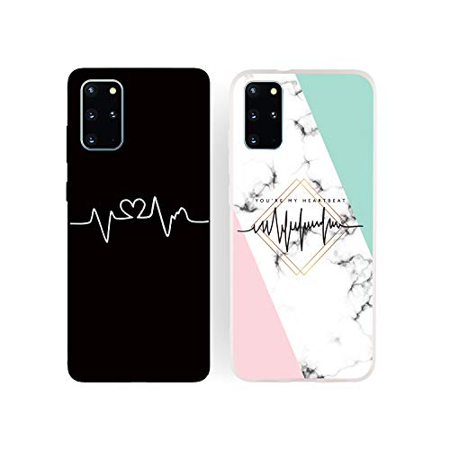 DiaryTown para 2 Pack Funda Samsung Galaxy S20 Plus Silicona Blando Blanco Negro, Carcasa Galaxy S20 Plus 5G Funda Resistente Dibujos Flexible TPU Cover Case Antigolpes, Latido del corazón B