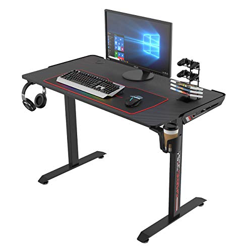 DlandHome Mesa para Juegos Escritorio para computadora de Juegos, Mesa de PC Juego con Alfombrilla de ratón, Posavasos & Soporte para Gamepad, 115 x 60 x 75.5 CM Negro