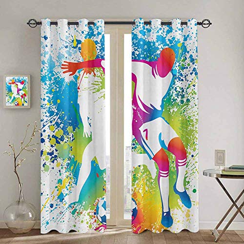 DONEECKL Youth Room Darkened Heat Insulation Curtain Football Players with a Soccer Ball and Colorful Grunge Splashes Competition Sports Waterproof Fabric W55 x L72 Inch Multicolor