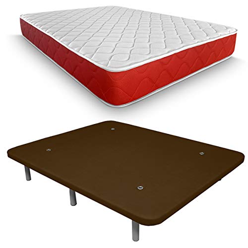 Duérmete Online - Pack Ahorro Colchón Viscoelástico Lite Reversible + Base Tapizada 3D Reforzada 5 Barras de Refuerzo y Válvulas de Ventilación con 6 Patas, Chocolate, 135x190