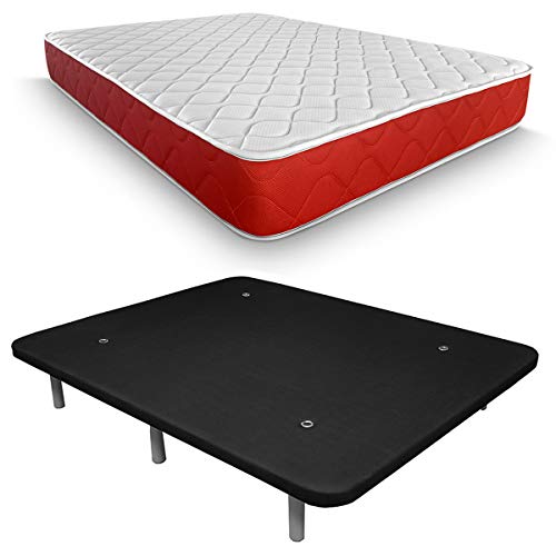 Duérmete Online Pack Ahorro Colchón Viscoelástico Lite Reversible + Base Tapizada 3D Reforzada 5 Barras de Refuerzo y Válvulas de Ventilación con 6 Patas, Madera, Color Negro, 135x190