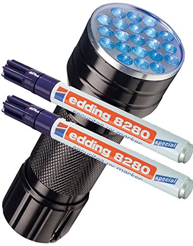 Edding 8280 - Rotulador especial Securitas UV de luz ultravioleta, 1,5 - 3 mm, transparente, UV Marker + UV Lampe, 2 unidades