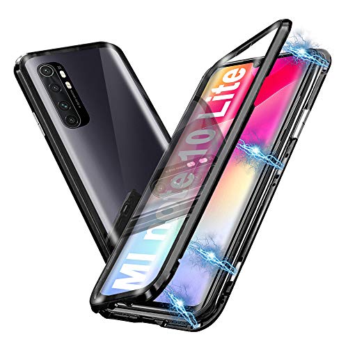 Ellmi Funda para Xiaomi Mi Note 10 Lite, Adsorción Magnética Parachoques de Metal con 360 Grados Protección Case Cover Transparente Ambos Lados Vidrio Templado Cubierta, Negro