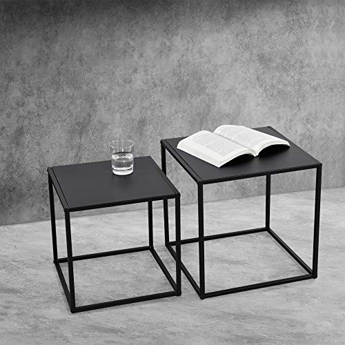 [en.casa] Set de 2X Mesa Auxiliar Mesas Bajas Mesa de Noche Mesa de Centro Estructura de Metal Mesa de té Mesa de Café Negro