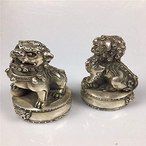 Escultura,Decoración del Hogar Manualidades Feng Shui Fu Foo Perros Par De Estatuas De León Guardián De Cobre Plateado Mejor Inauguración De La Casa Felicitación para Protegerse De La Energía Ma