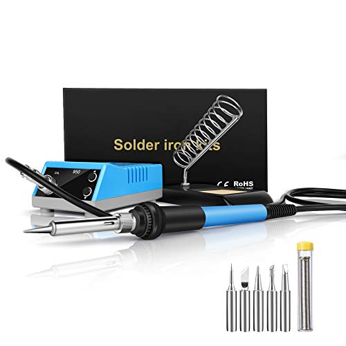 Estación de Soldadura 60W Kit del Soldador,OCKERED Mini Soldador de Estaño con Pantalla LED，200~480 °C Temperatura Ajustable，Función de Memoria，5 Puntas de Soldadura Adicionales y 1 Cable de Soldador