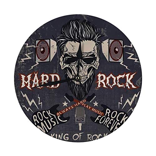 FETEAM Reloj de Pared Redondo Etiqueta Vintage con Texto de Calavera Hard Rock Guitarras eléctricas Altavoces Efecto Grunge Funciona con Pilas 9.8IN