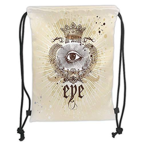 Fevthmii Drawstring Backpacks Bags,Eye,Artistic Vintage Emblem Eye Victorian Laurel Branches Crown Calligraphy Decorative,Light Yellow Brown White Soft Satin,5 Liter Capacity,Adjustable Str