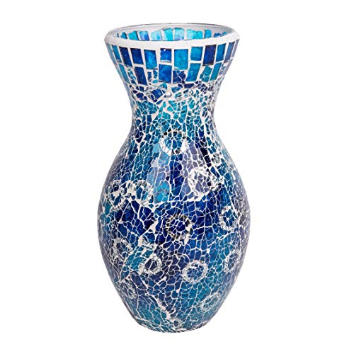 Florero alto con mosaico de cristal agrietado, diseño floral azul