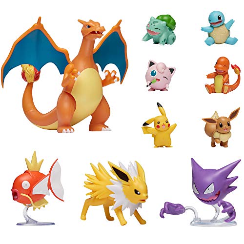 FMU - Figuras de Acción Pokémon, Charizard, Magikarp, Haunter, Eevee, Charmander, Squirtle, Pikachu, Bulbasaur, Jigglypuff & Jolteon, Detalles Auténticos Oficiales, Multi Pack de 10